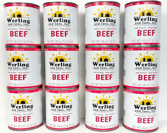 Werling Meats Canned Beef 28 Oz Fully Cooked, Heat & Eat | Shelf Stable Canned Meat