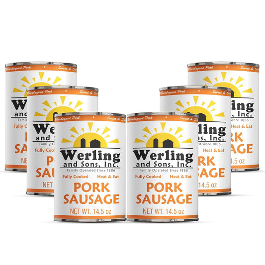 Werling & Sons Canned Heat & Eat Pork Sausage 14.5 Oz Can Fully Cooked & Ready to Eat Long Shelf Life No Refrigeration Needed Great for Emergency Food Storage, Camping, Quick & Easy Meals