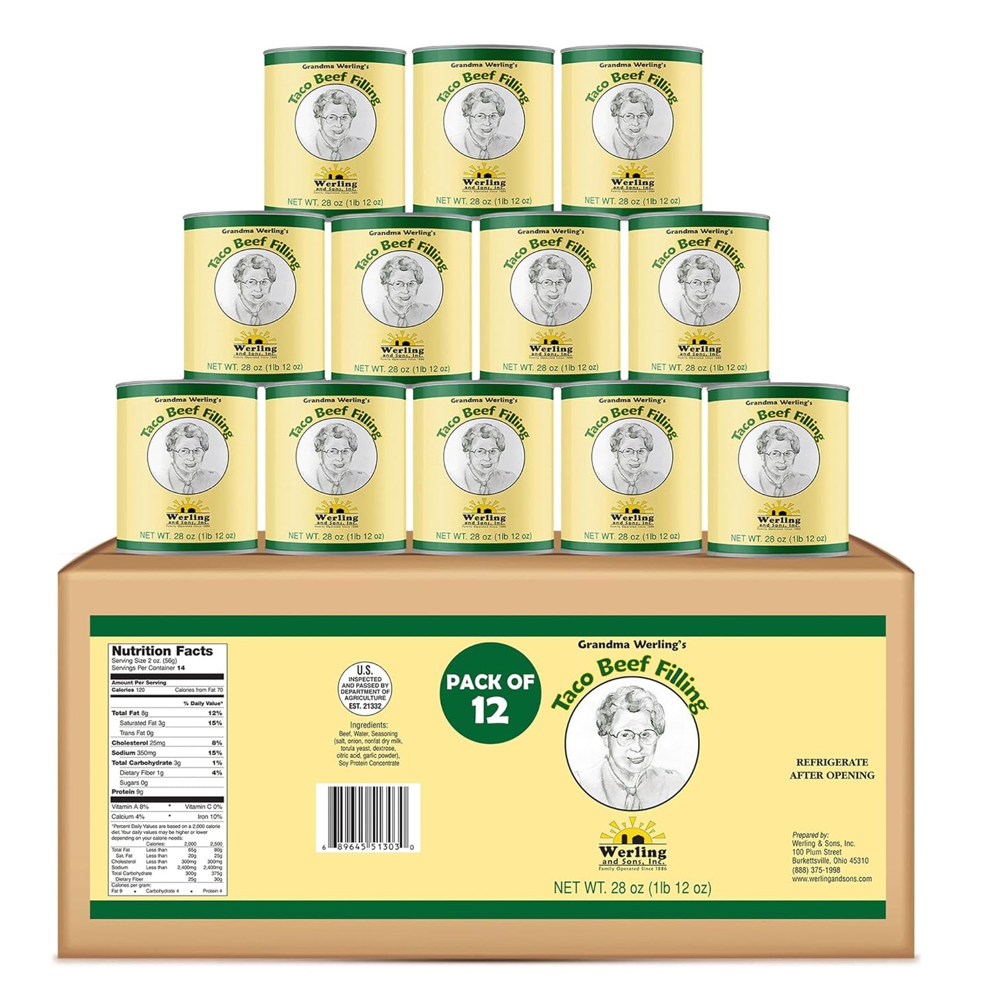 Werling & Sons Taco Beef Filling 28 Oz – Fully Cooked, Heat & Serve | Premium Shelf-Stable Canned Meat