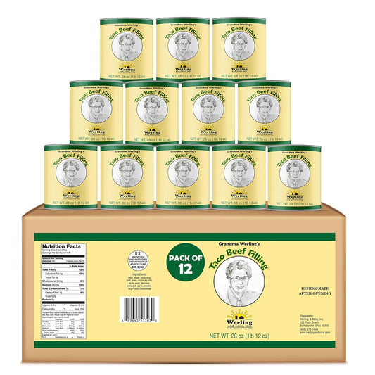 Werling & Sons Taco Beef Filling 28 Oz – Fully Cooked, Heat & Serve | Premium Shelf-Stable Canned Meat