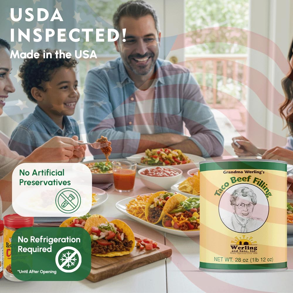 Werling & Sons Taco Beef Filling 28 Oz – Fully Cooked, Heat & Serve | Premium Shelf-Stable Canned Meat