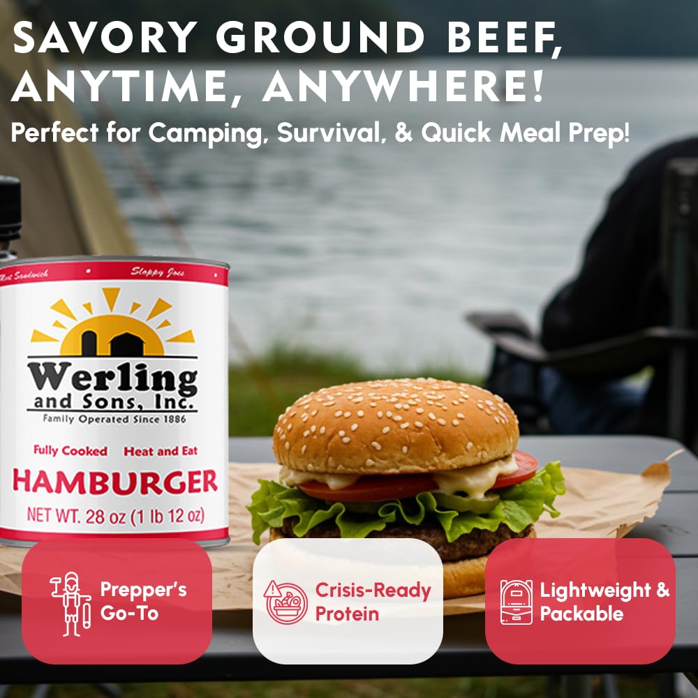 Werling & Sons Canned Hamburger 28 Oz Fully Cooked Ground Beef Heat & Eat Premium Quality Ready to Eat Canned Food Long Shelf Life for Emergency Storage, Camping and Survival Canned Meat Pack of 12