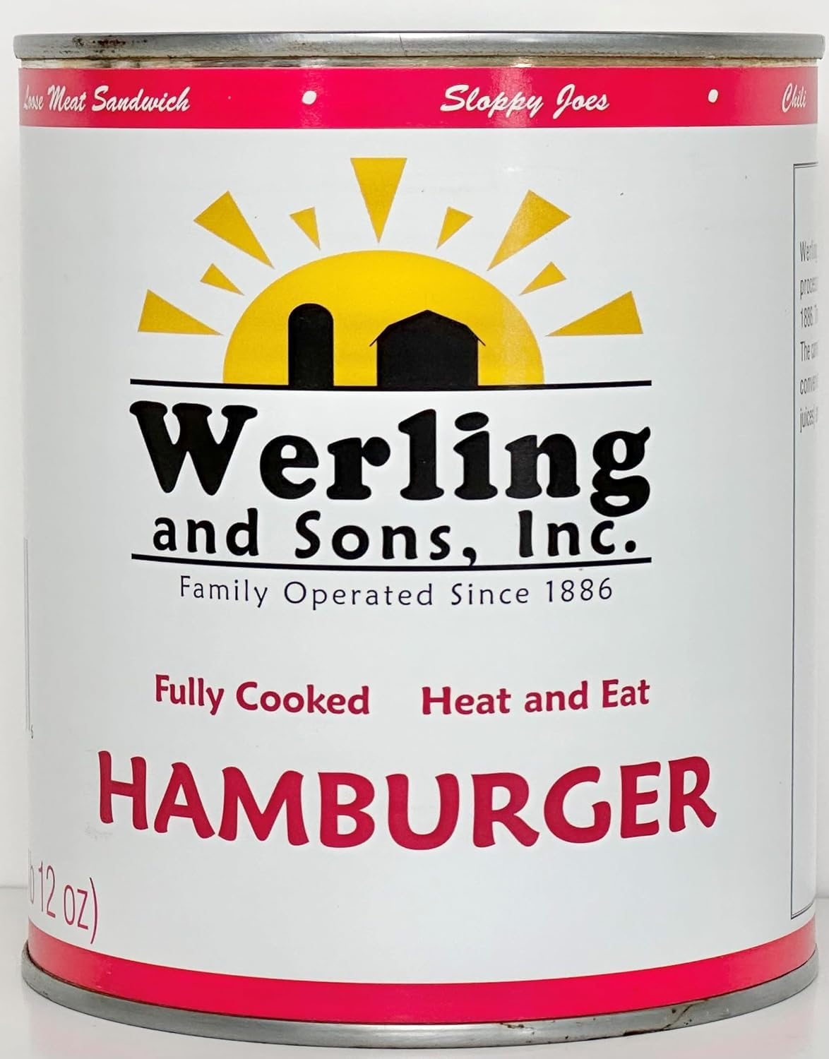 Werling & Sons Canned Hamburger 28 Oz Fully Cooked Ground Beef Heat & Eat Premium Quality Ready to Eat Canned Food Long Shelf Life for Emergency Storage, Camping and Survival Canned Meat Pack of 12