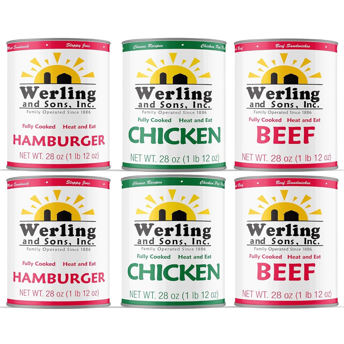 Werling & Sons Canned Meat Variety Pack 14.5 Oz Fully Cooked & Ready to Eat Includes 2 Hamburger, 2 Chicken and 2 Beef Shelf Stable Emergency Canned Food for Long Term Storage, Camping & Quick Meals