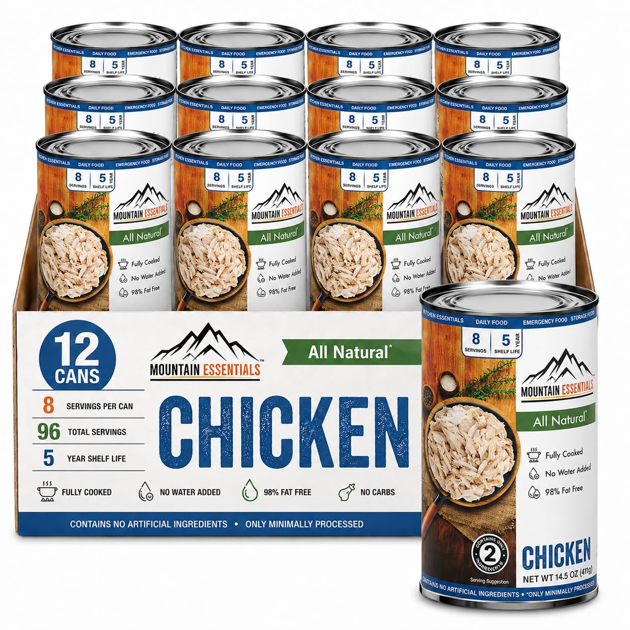 Mountain Essentials Fully Cooked Chicken 14.5 oz – 12g Protein per Serving (8 Servings per Can, 96 Total Servings) – Canned White Meat for Daily Meals, Camping & Emergency Food
