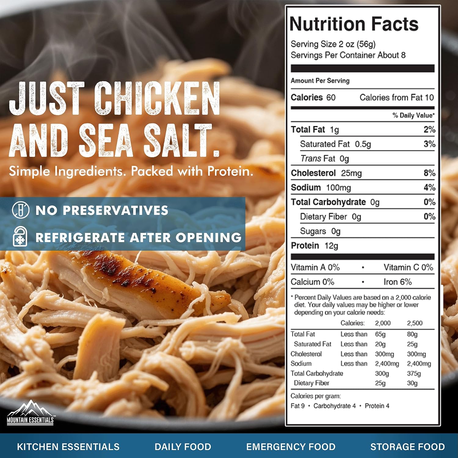 Mountain Essentials Fully Cooked Chicken 14.5 oz – 12g Protein per Serving (8 Servings per Can, 96 Total Servings) – Canned White Meat for Daily Meals, Camping & Emergency Food