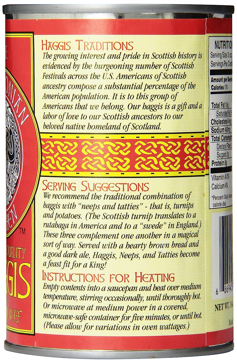  A cooking instruction label for Caledonian Kitchen Haggis with Highland Beef. The label shows that the haggis can be cooked in the oven, on the stovetop, or in the microwave.