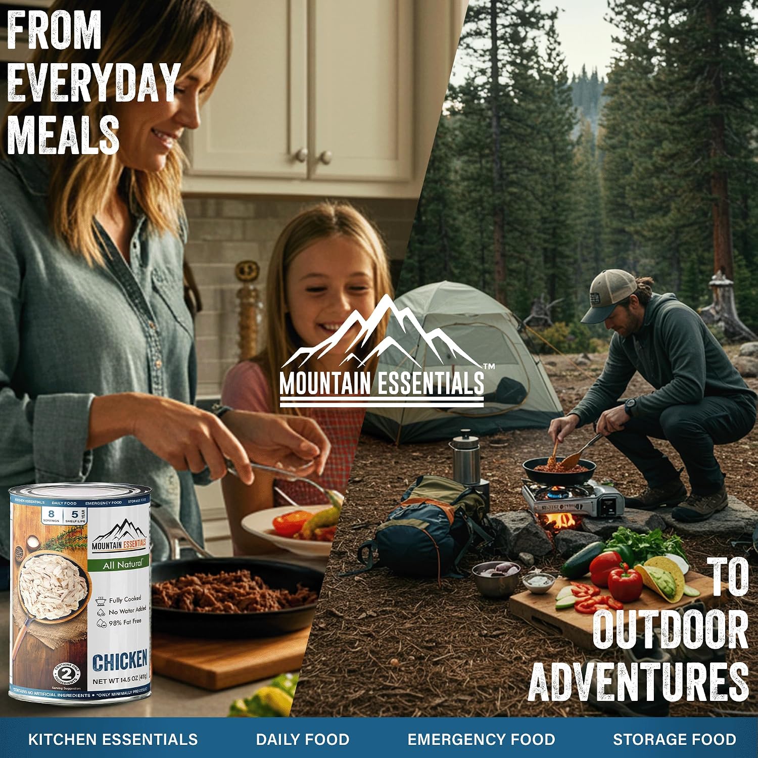 Mountain Essentials Fully Cooked Chicken 14.5 oz – 12g Protein per Serving (8 Servings per Can, 96 Total Servings) – Canned White Meat for Daily Meals, Camping & Emergency Food