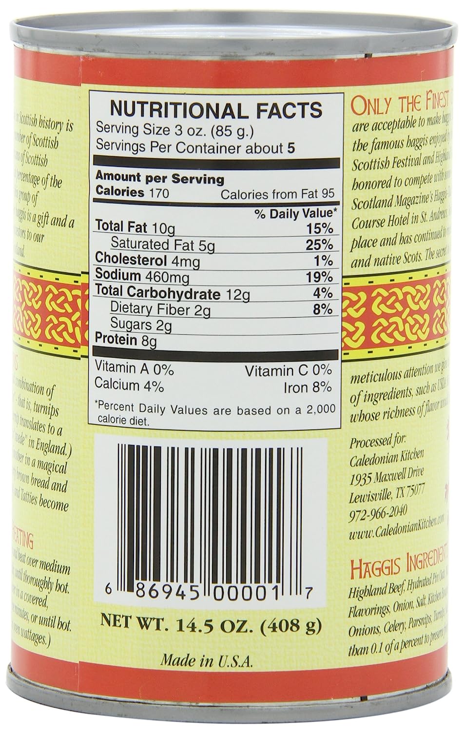 A nutritional facts label for Caledonian Kitchen Haggis with Highland Beef. The label shows that each serving of haggis contains 170 calories, 460 mg of sodium, 2 g of fiber, 2 g of sugars, and 8 g of protein.