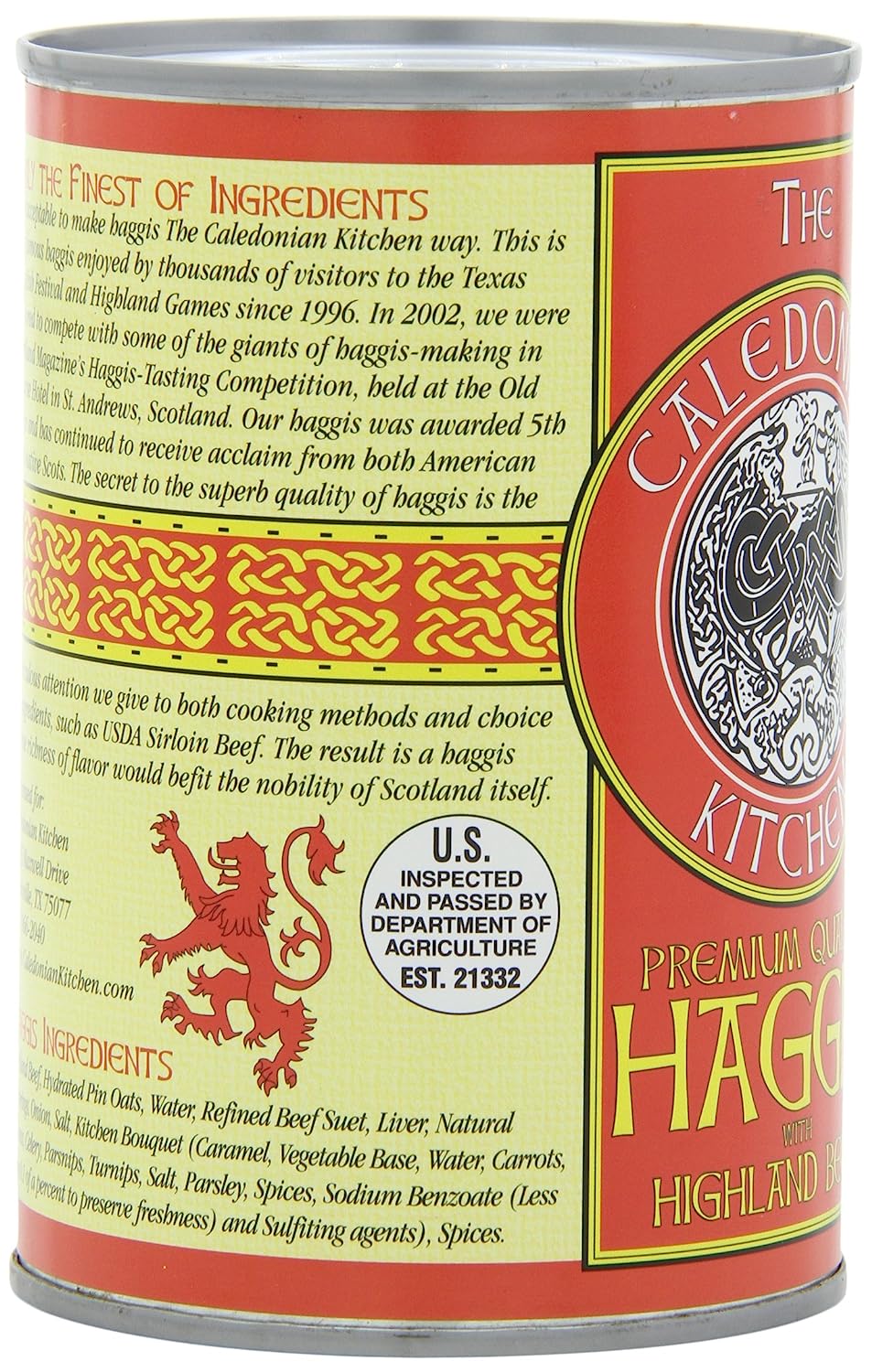 A nutritional facts label for Caledonian Kitchen Haggis with Highland Beef. The label shows that each serving of haggis contains 170 calories, 460 mg of sodium, 2 g of fiber, 2 g of sugars, and 8 g of protein.