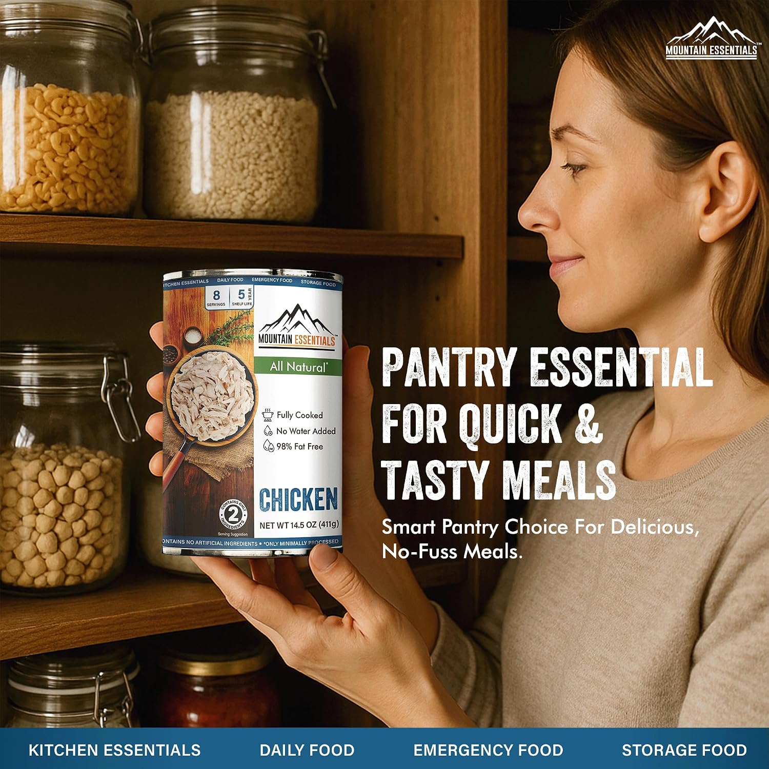 Mountain Essentials Fully Cooked Chicken 14.5 oz – 12g Protein per Serving (8 Servings per Can, 96 Total Servings) – Canned White Meat for Daily Meals, Camping & Emergency Food