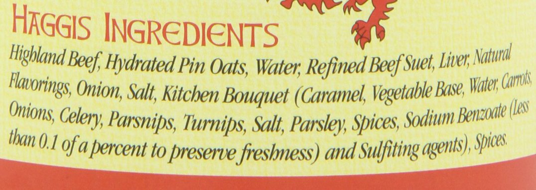 A nutritional facts label for Caledonian Kitchen Haggis with Highland Beef. The label shows that each serving of haggis contains 170 calories, 460 mg of sodium, 2 g of fiber, 2 g of sugars, and 8 g of protein.