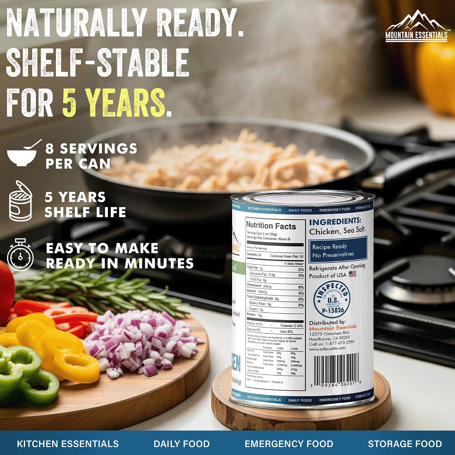 Mountain Essentials Fully Cooked Chicken 14.5 oz – 12g Protein per Serving (8 Servings per Can, 96 Total Servings) – Canned White Meat for Daily Meals, Camping & Emergency Food