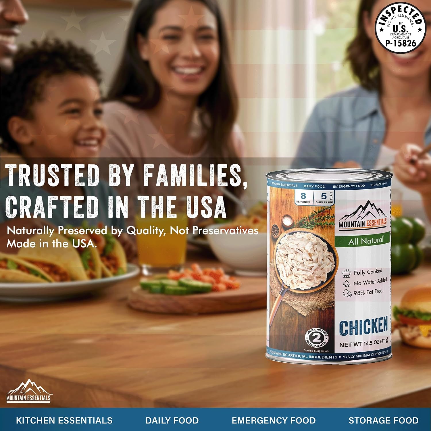 Mountain Essentials Fully Cooked Chicken 14.5 oz – 12g Protein per Serving (8 Servings per Can, 96 Total Servings) – Canned White Meat for Daily Meals, Camping & Emergency Food