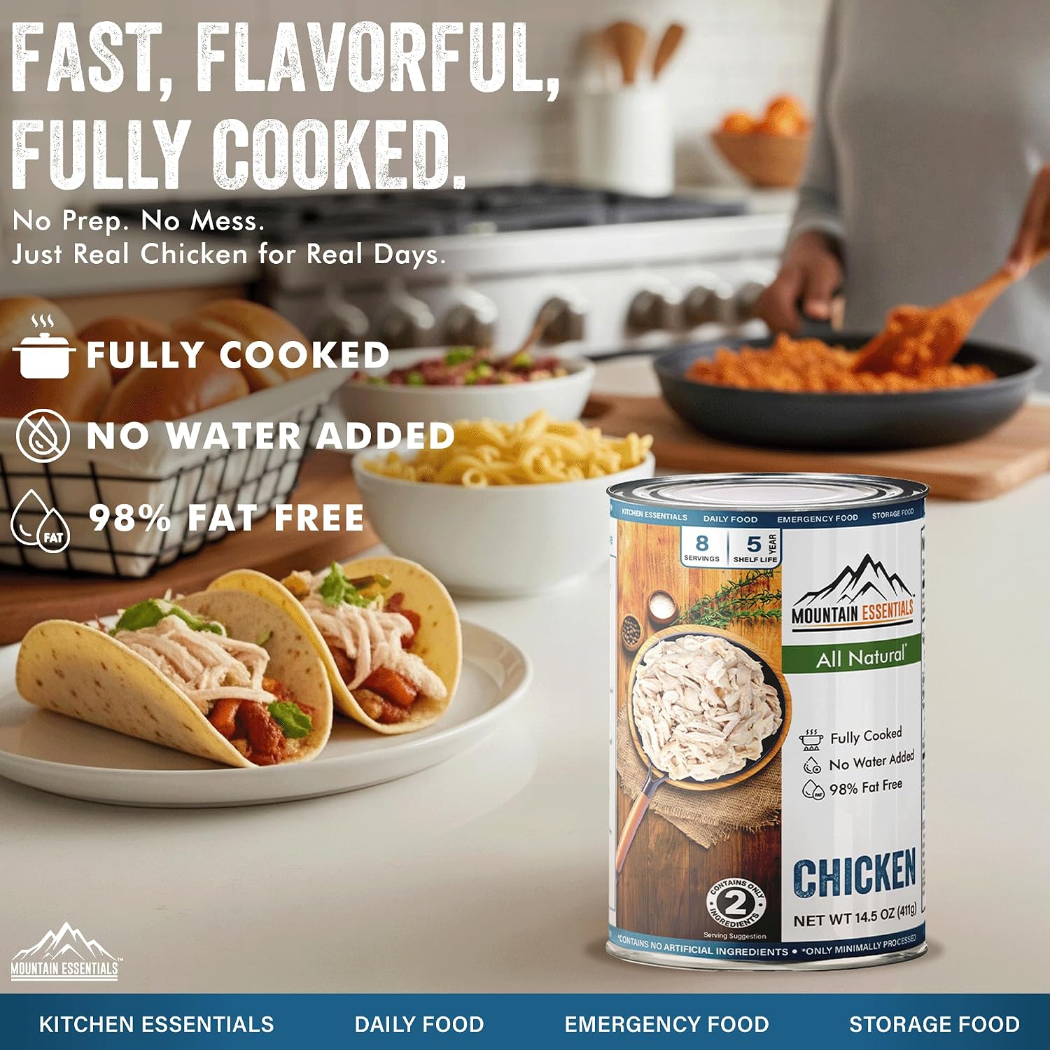 Mountain Essentials Fully Cooked Chicken 14.5 oz – 12g Protein per Serving (8 Servings per Can, 96 Total Servings) – Canned White Meat for Daily Meals, Camping & Emergency Food