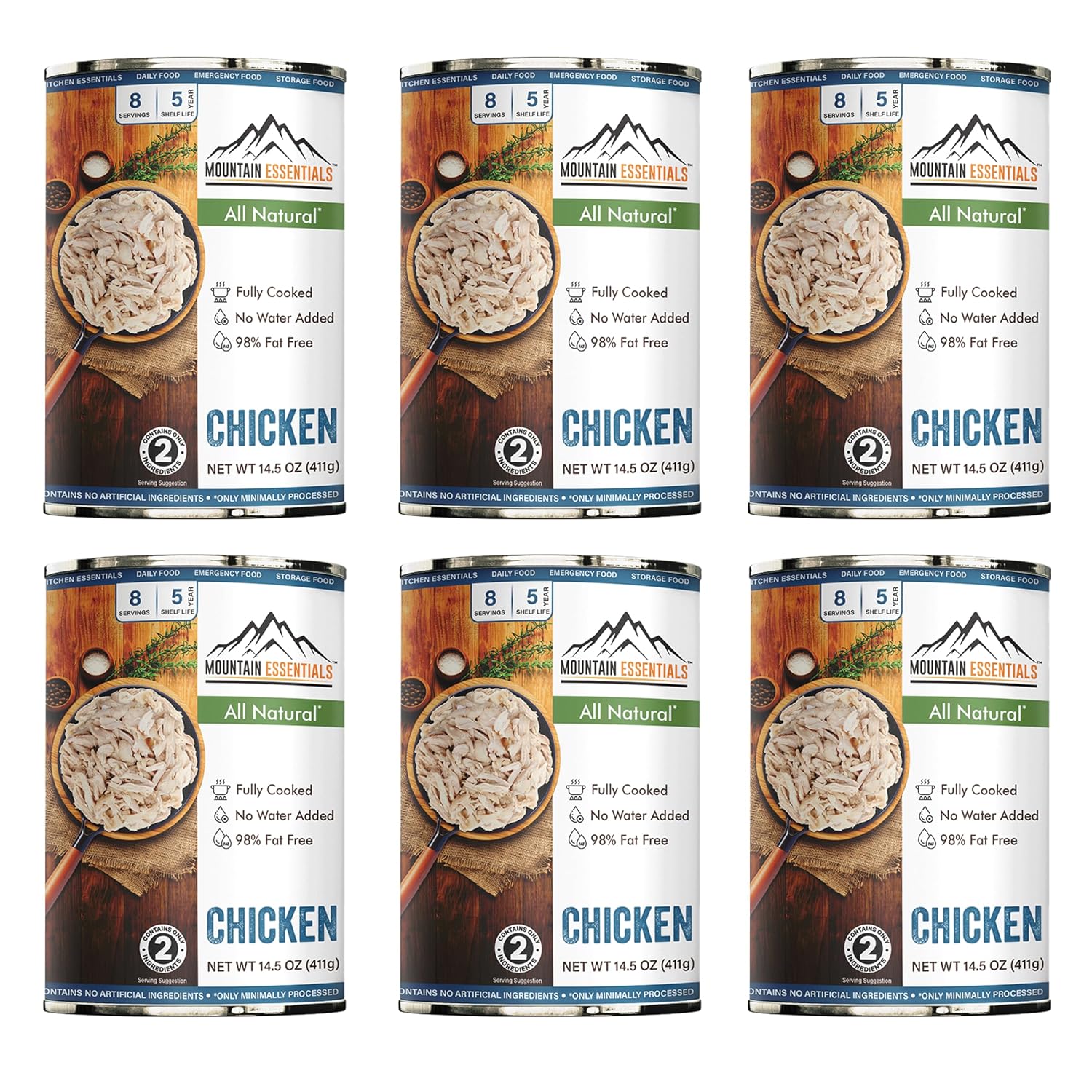 Mountain Essentials Fully Cooked Chicken 14.5 oz – 12g Protein per Serving (8 Servings per Can, 96 Total Servings) – Canned White Meat for Daily Meals, Camping & Emergency Food