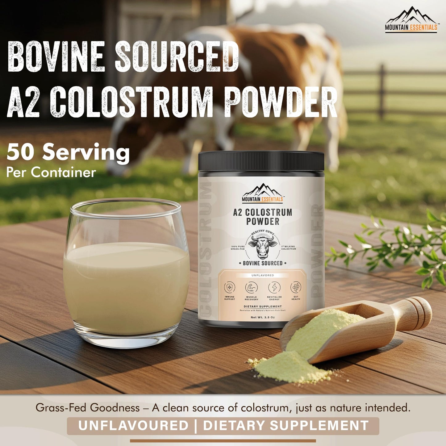 A2 Colostrum Powder – 3.5 oz | Grass-Fed Bovine Sourced | Unflavored First-Milking Powder for Shakes, Smoothies & Daily Use | Above 40% IGG Gluten-Free, 1-Year Shelf Life, 50 Servings Pack of 1
