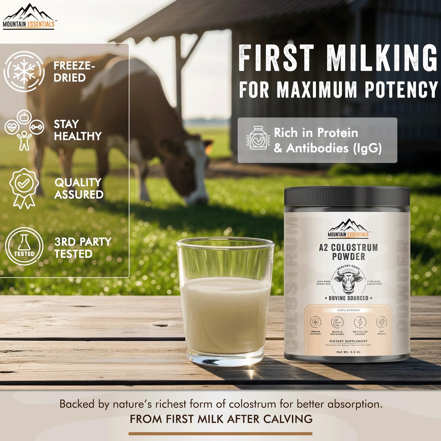 A2 Colostrum Powder – 3.5 oz | Grass-Fed Bovine Sourced | Unflavored First-Milking Powder for Shakes, Smoothies & Daily Use | Above 40% IGG Gluten-Free, 1-Year Shelf Life, 50 Servings Pack of 1