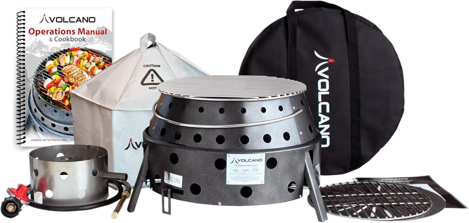 Volcano 3 Collapsible Portable Grill & Stove with Lid & Cookbook 19,500 BTU Burner 13” Cooking Surface Includes Carry Bag Regulator Hose & Heat Diffuser for Camping Tailgating & Dutch Oven Cooking