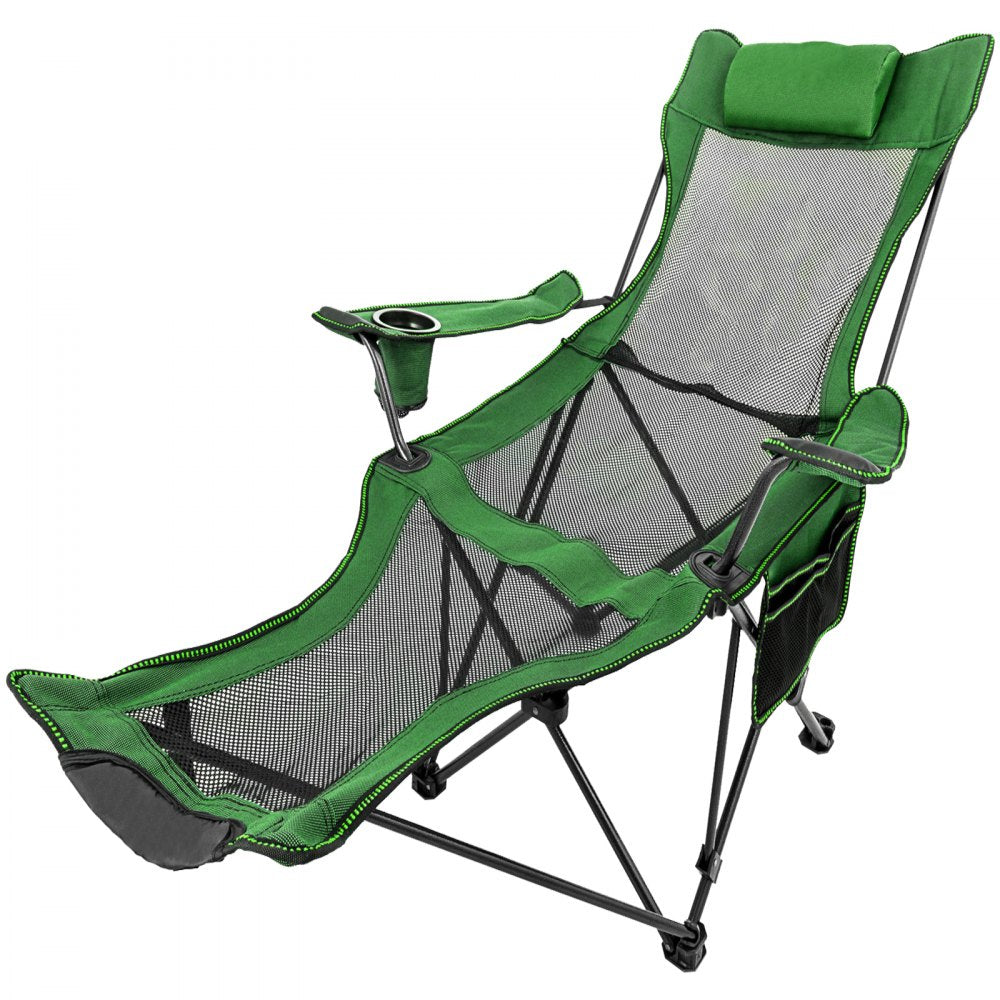 VEVOR Folding Camp Chair with Footrest Mesh, Lounge Chair with Cup Holder and Storage Bag, Reclining Folding Camp Chair for Camping Fishing and Other Outdoor Activities (Green)