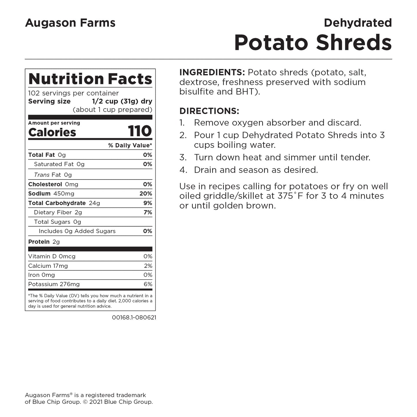 Dehydrated Potato Shreds Pail, 102 Servings