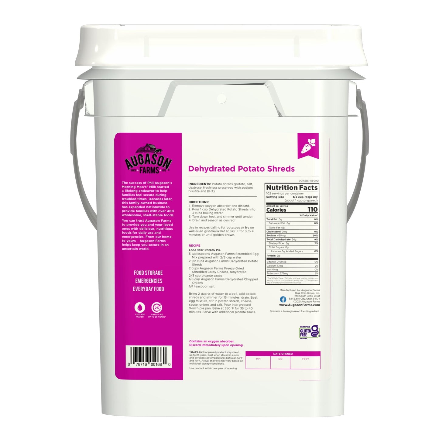 Dehydrated Potato Shreds Pail, 102 Servings