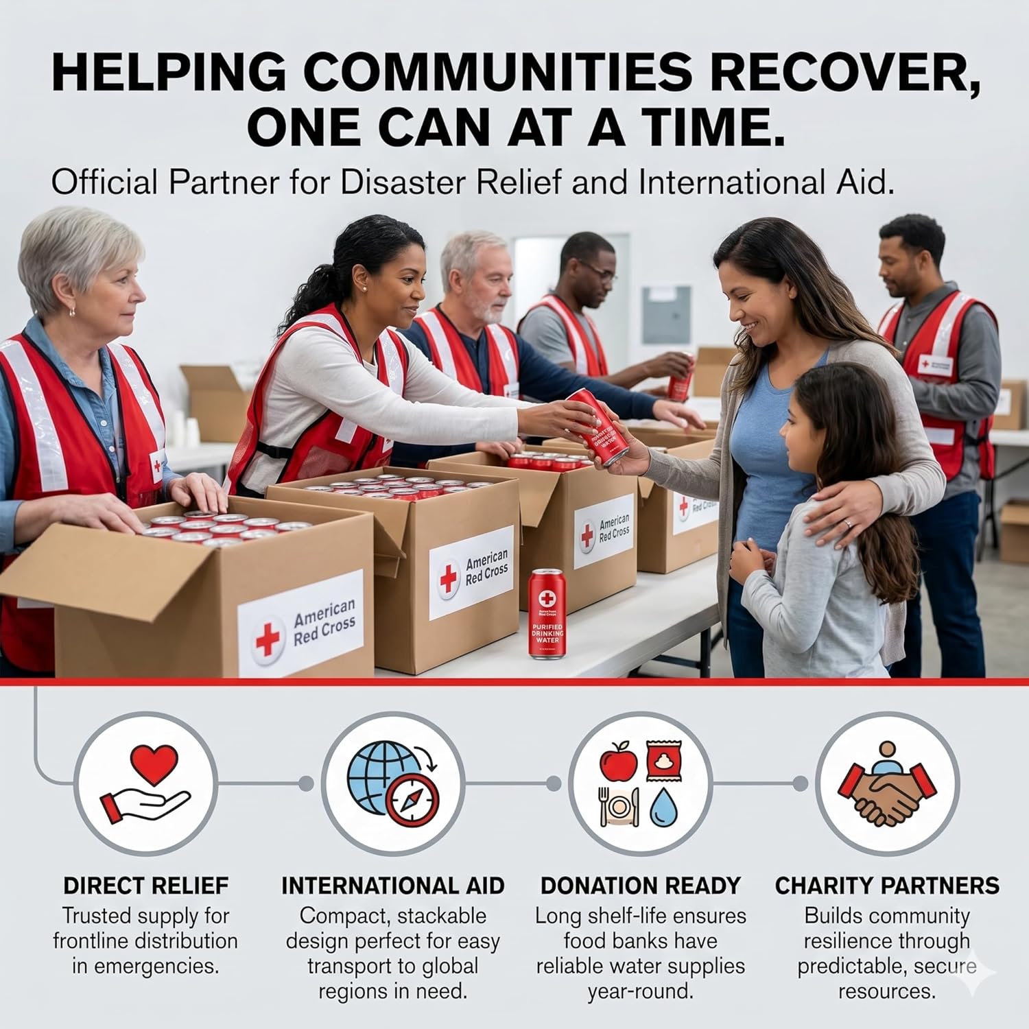 American Red Cross Emergency Purified Drinking Water, Case of 12, 50-Year Shelf Life, Hermetically Sealed Aluminum Cans, BPA-Free, 2.5–5 Day Supply Per Person, Emergency & Everyday Preparedness