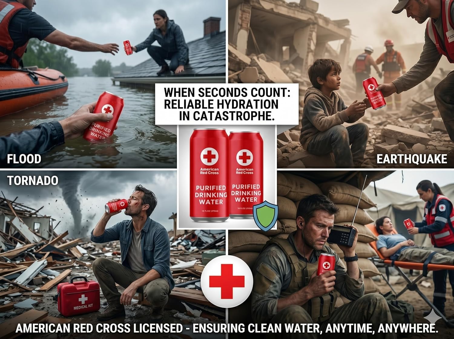 American Red Cross Emergency Purified Drinking Water, Case of 12, 50-Year Shelf Life, Hermetically Sealed Aluminum Cans, BPA-Free, 2.5–5 Day Supply Per Person, Emergency & Everyday Preparedness