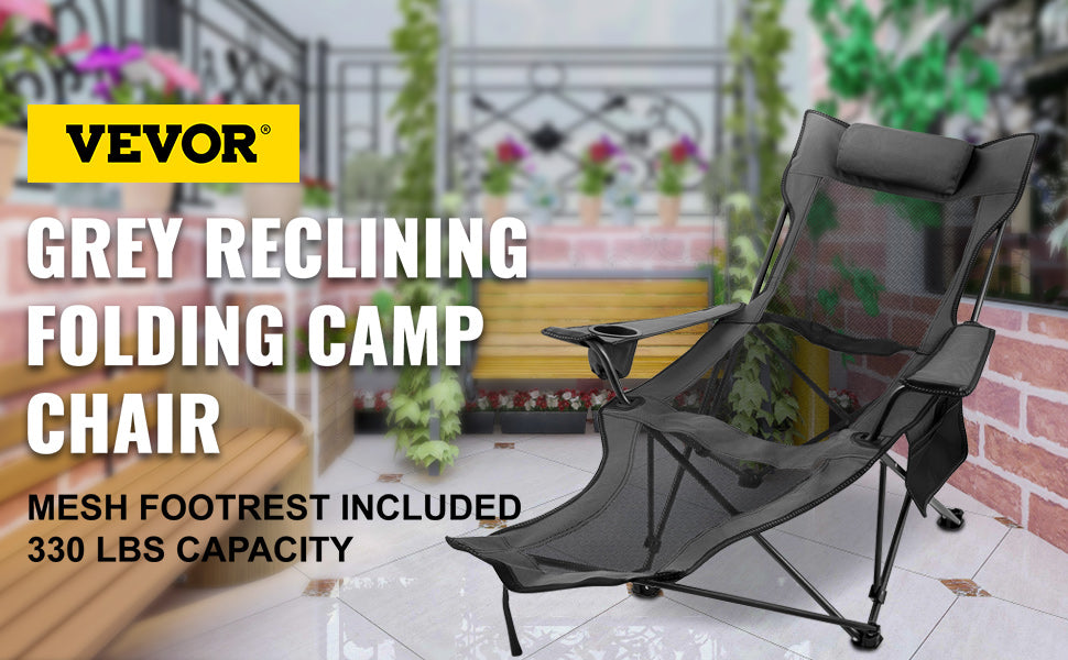 VEVOR Folding Camp Chair with Footrest Mesh, Portable Lounge Chair with Cup Holder and Storage Bag, for Camping Fishing and Other Outdoor Activities (Grey)
