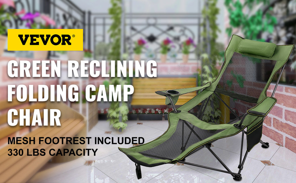 VEVOR Folding Camp Chair with Footrest Mesh, Lounge Chair with Cup Holder and Storage Bag, Reclining Folding Camp Chair for Camping Fishing and Other Outdoor Activities (Green)