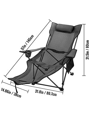VEVOR Folding Camp Chair with Footrest Mesh, Portable Lounge Chair with Cup Holder and Storage Bag, for Camping Fishing and Other Outdoor Activities (Grey)