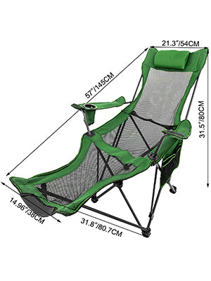 VEVOR Folding Camp Chair with Footrest Mesh, Lounge Chair with Cup Holder and Storage Bag, Reclining Folding Camp Chair for Camping Fishing and Other Outdoor Activities (Green)