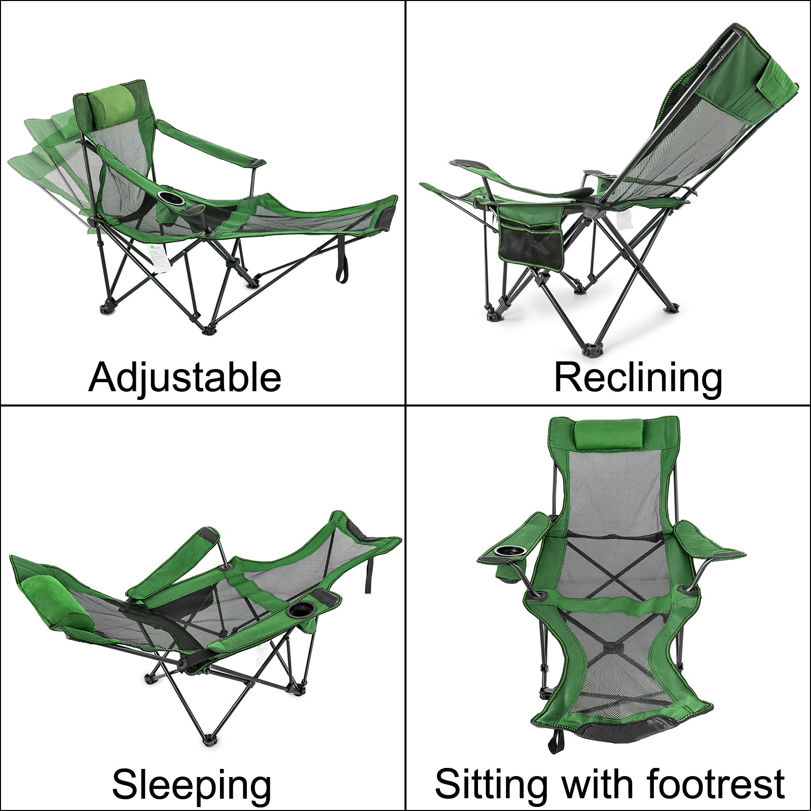 VEVOR Folding Camp Chair with Footrest Mesh, Lounge Chair with Cup Holder and Storage Bag, Reclining Folding Camp Chair for Camping Fishing and Other Outdoor Activities (Green)