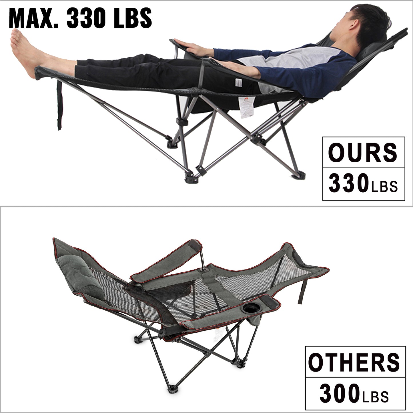 VEVOR Folding Camp Chair with Footrest Mesh, Lounge Chair with Cup Holder and Storage Bag, Reclining Folding Camp Chair for Camping Fishing and Other Outdoor Activities (Green)