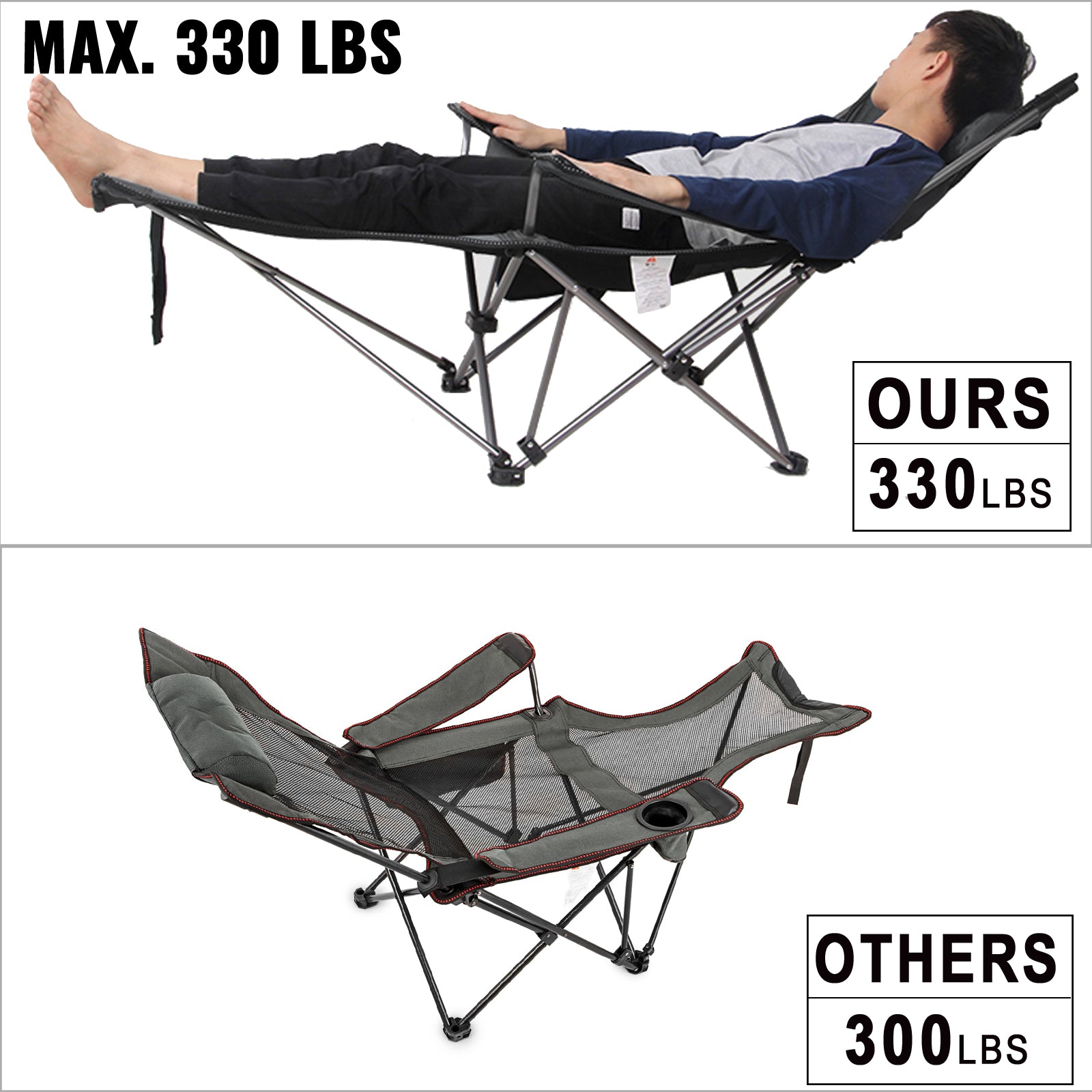 VEVOR Folding Camp Chair with Footrest Mesh, Lounge Chair with Cup Holder and Storage Bag, Reclining Folding Camp Chair for Camping Fishing and Other Outdoor Activities (Green)