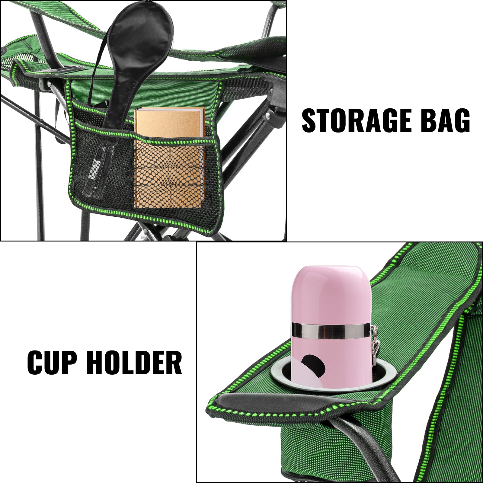 VEVOR Folding Camp Chair with Footrest Mesh, Lounge Chair with Cup Holder and Storage Bag, Reclining Folding Camp Chair for Camping Fishing and Other Outdoor Activities (Green)