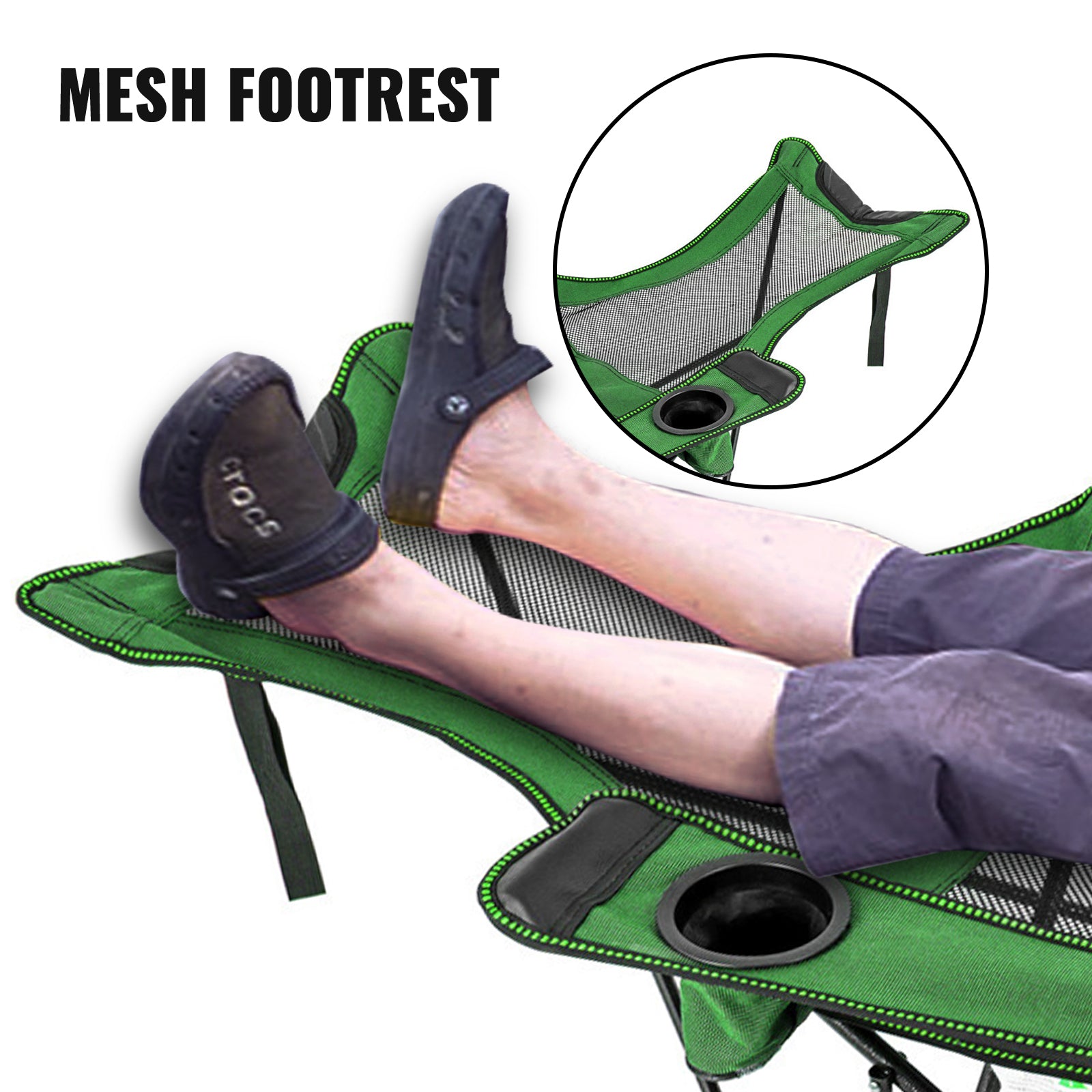 VEVOR Folding Camp Chair with Footrest Mesh, Lounge Chair with Cup Holder and Storage Bag, Reclining Folding Camp Chair for Camping Fishing and Other Outdoor Activities (Green)