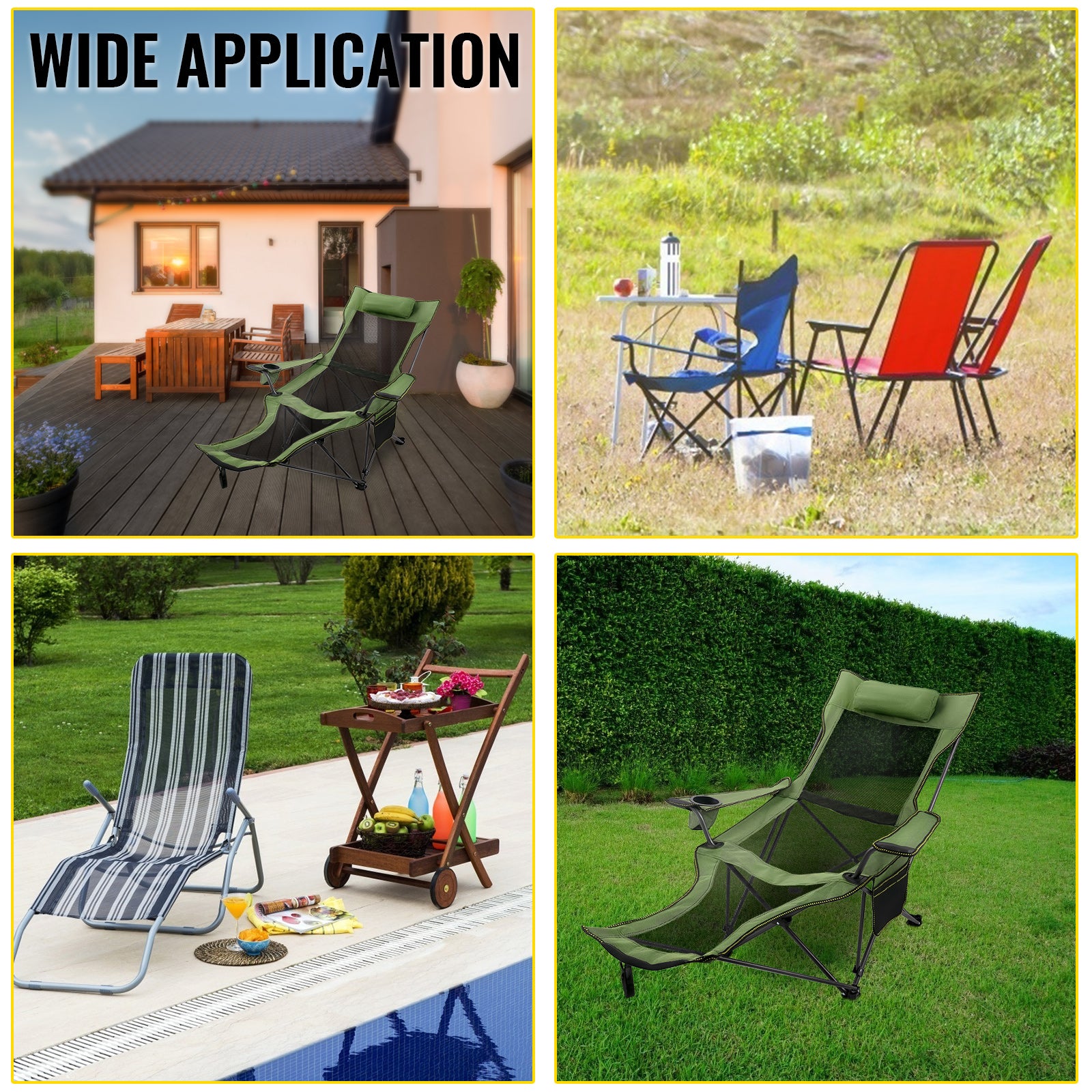 VEVOR Folding Camp Chair with Footrest Mesh, Lounge Chair with Cup Holder and Storage Bag, Reclining Folding Camp Chair for Camping Fishing and Other Outdoor Activities (Green)