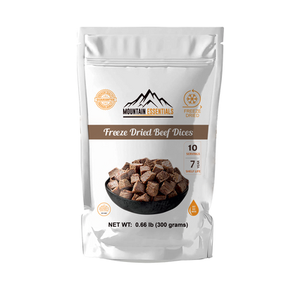 Mountain Essentials Freeze Dried Beef Dices | Pre-Cooked Meat for Backpacking, Camping, Meal Prep