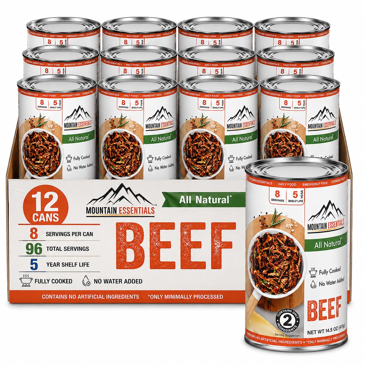 Mountain Essentials All Natural Canned Beef 14.5 oz – 11g Protein per Serving (8 Servings per Can, 96 Total Servings) – Fully Cooked, Ready to Eat