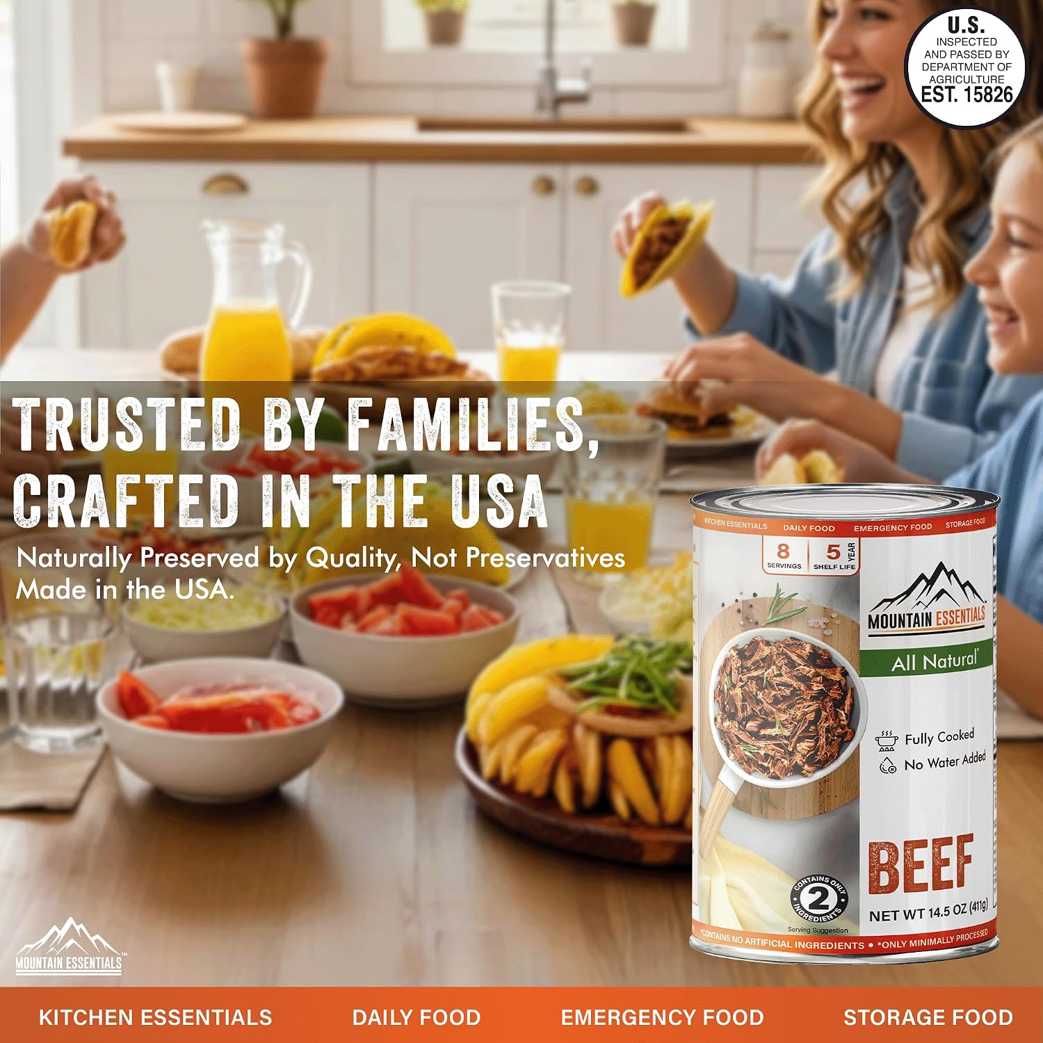 Mountain Essentials All Natural Canned Beef 14.5 oz – 11g Protein per Serving (8 Servings per Can, 96 Total Servings) – Fully Cooked, Ready to Eat