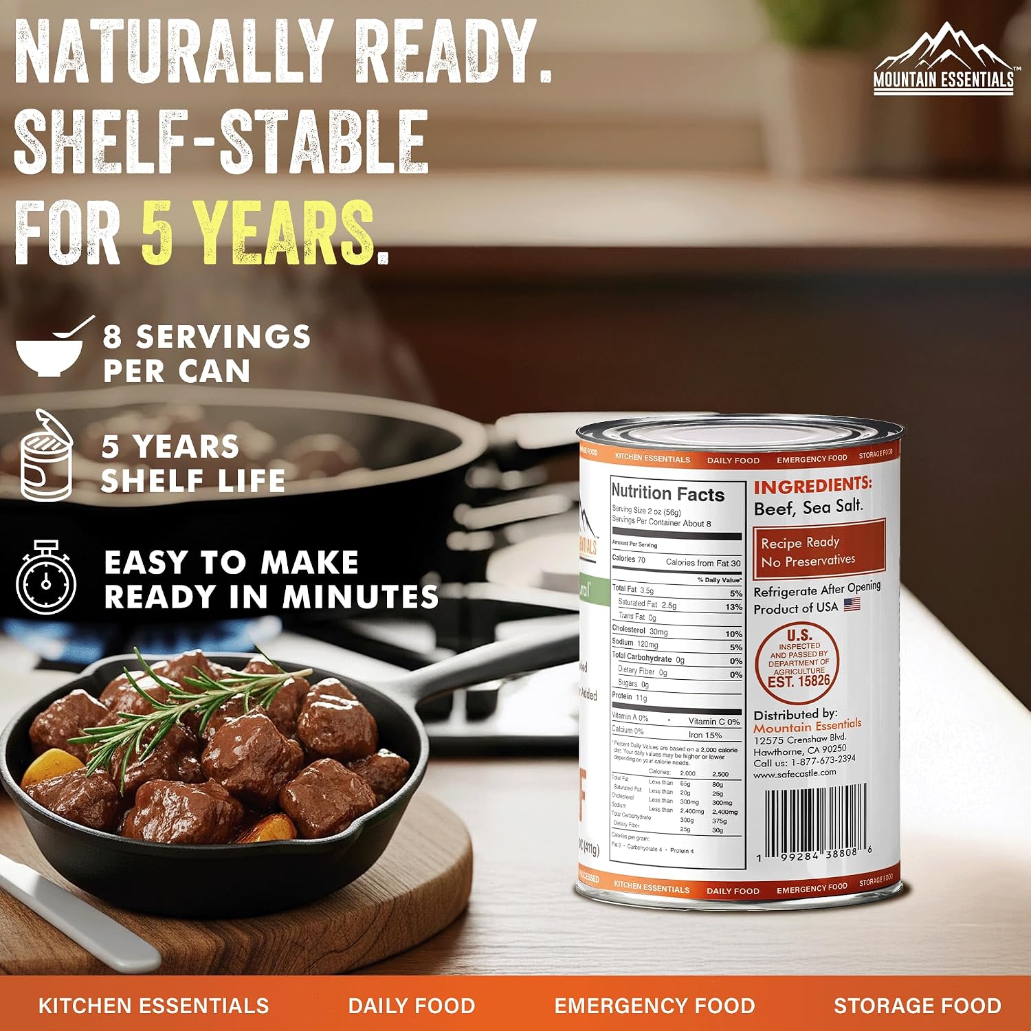 Mountain Essentials All Natural Canned Beef 14.5 oz – 11g Protein per Serving (8 Servings per Can, 96 Total Servings) – Fully Cooked, Ready to Eat