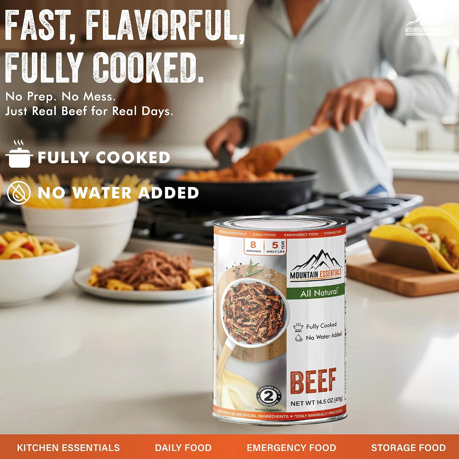 Mountain Essentials All Natural Canned Beef 14.5 oz – 11g Protein per Serving (8 Servings per Can, 96 Total Servings) – Fully Cooked, Ready to Eat