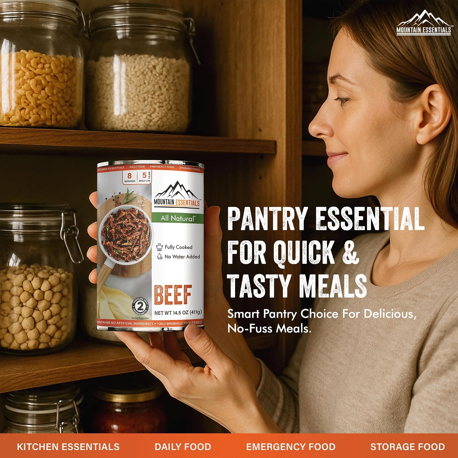 Mountain Essentials All Natural Canned Beef 14.5 oz – 11g Protein per Serving (8 Servings per Can, 96 Total Servings) – Fully Cooked, Ready to Eat