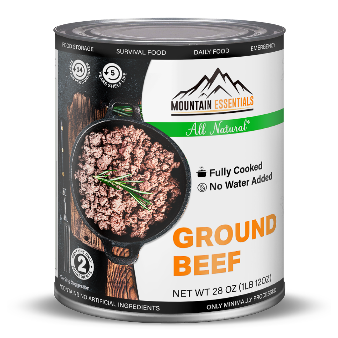 Mountain Essentials Canned Ground Beef - 28 Ounce and easy to prepare. It can be eaten right out of the can, or it can be used to make a variety of dishes. It is a great option for camping, backpacking, or emergency food storage.