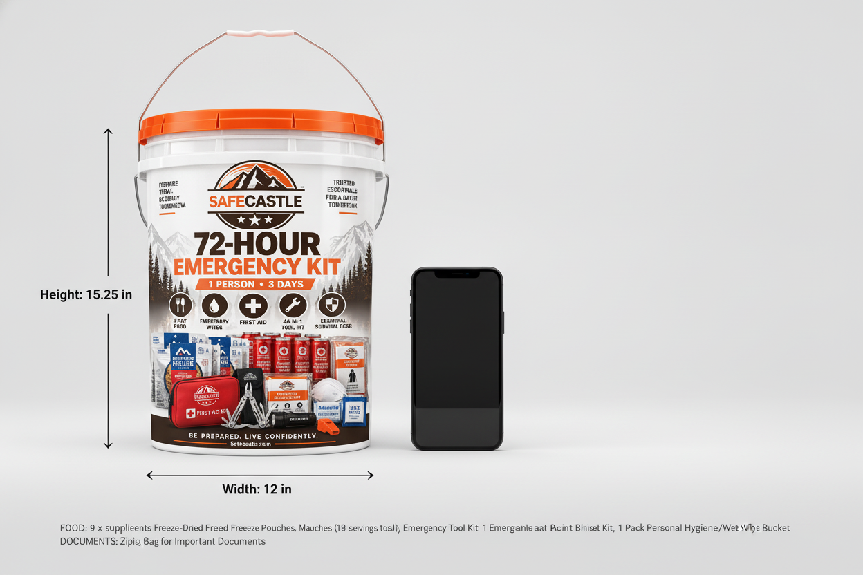 Safecastle 72-Hour Emergency Survival Kit – 1 Person, 3-Day Disaster Preparedness Bucket with Mountain House Freeze-Dried Food, Drinking Water, First Aid, Emergency Radio & Survival Gear