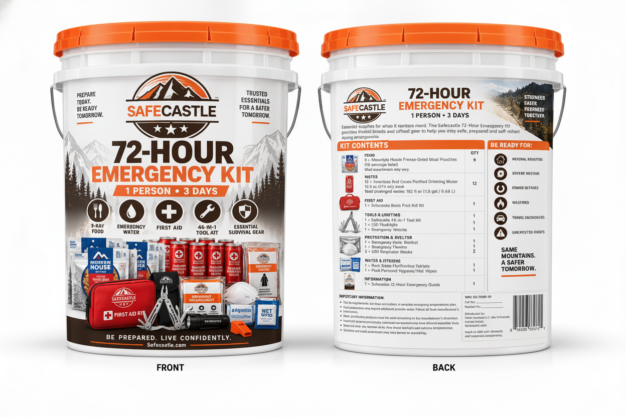 Safecastle 72-Hour Emergency Survival Kit – 1 Person, 3-Day Disaster Preparedness Bucket with Mountain House Freeze-Dried Food, Drinking Water, First Aid, Emergency Radio & Survival Gear