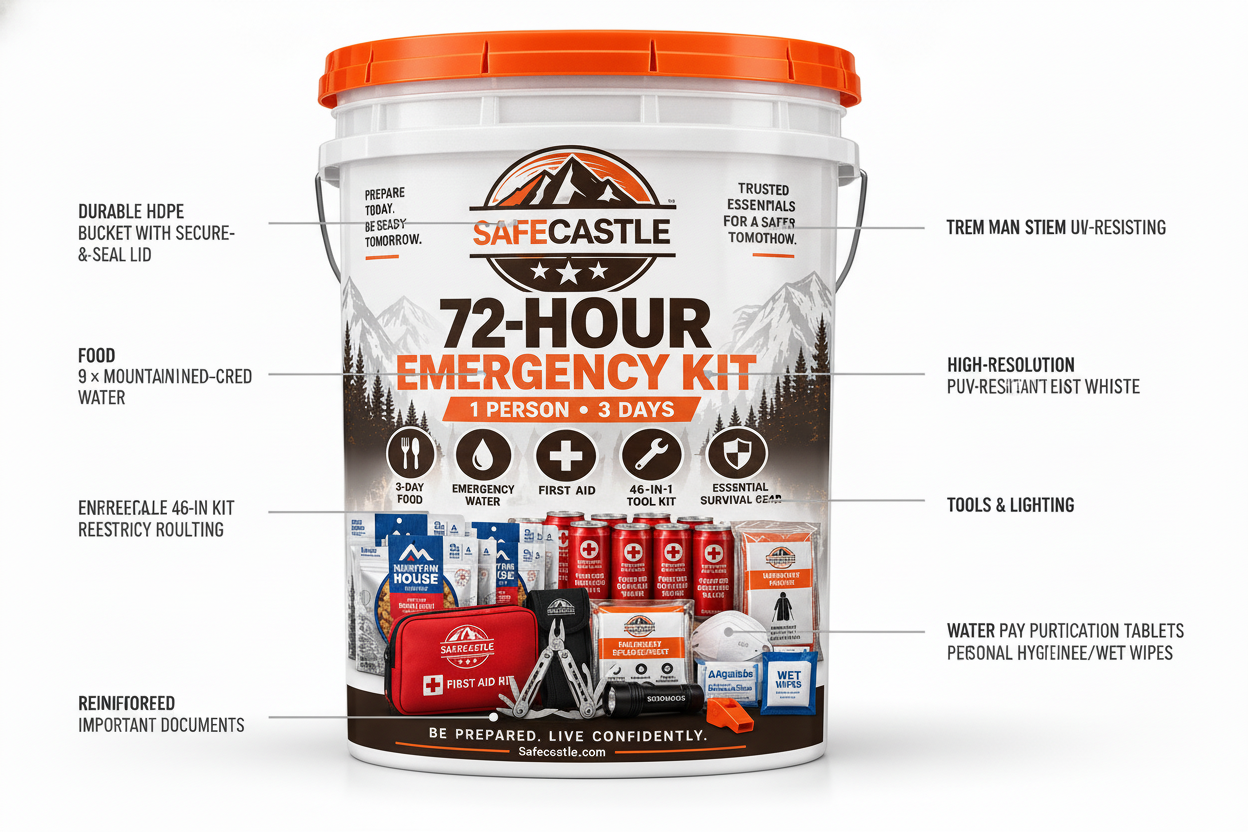 Safecastle 72-Hour Emergency Survival Kit – 1 Person, 3-Day Disaster Preparedness Bucket with Mountain House Freeze-Dried Food, Drinking Water, First Aid, Emergency Radio & Survival Gear