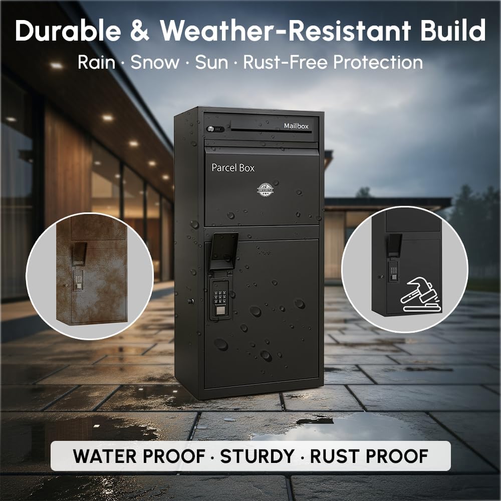 Extra Large Smart Letter Drop Box High Capacity Package Delivery Box for Outside with Secure Coded Lock | Outdoor Parcel Mailbox Weather, Rust and Corrosion Resistance Coating for Home or Office Black