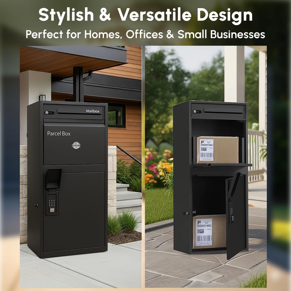 Extra Large Smart Letter Drop Box High Capacity Package Delivery Box for Outside with Secure Coded Lock | Outdoor Parcel Mailbox Weather, Rust and Corrosion Resistance Coating for Home or Office Black